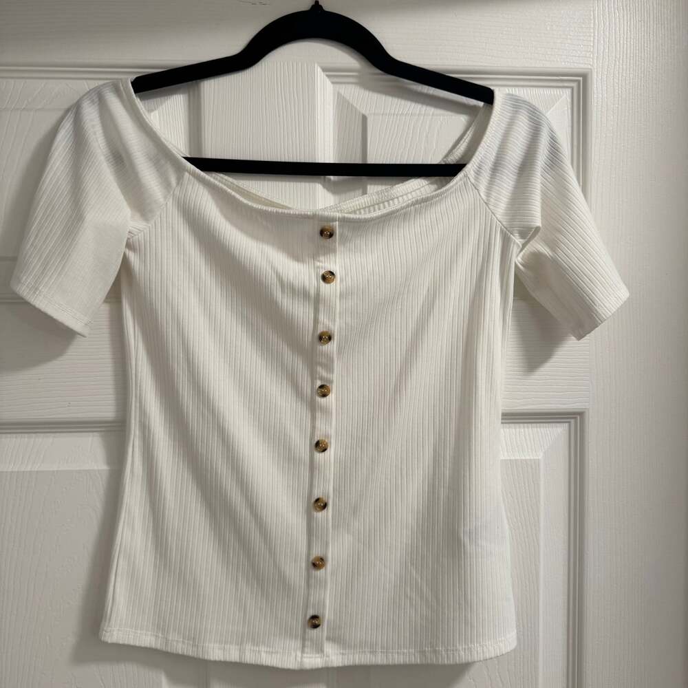 H&M Rib-Knit Off-the-Shoulder Button-Front Top in White size S
